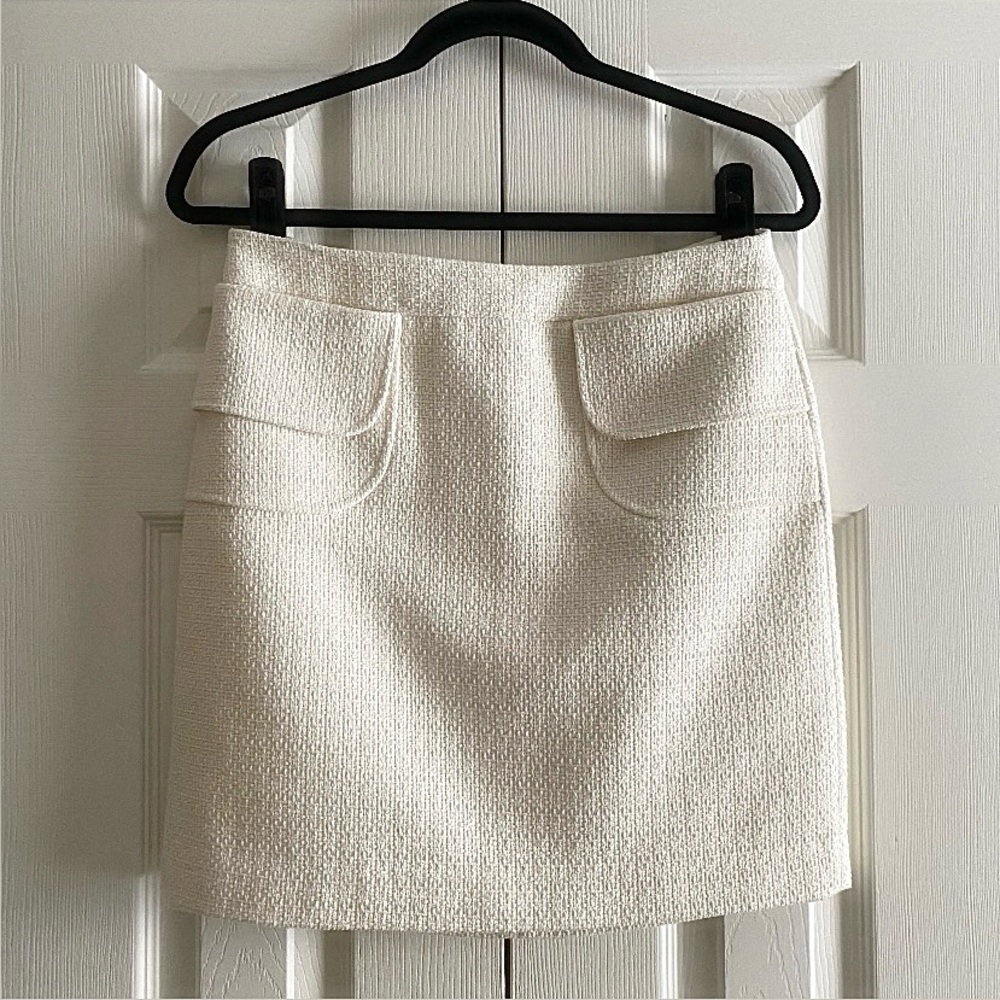 ELIE TAHARI TWEED SKIRT PATCH POCKETS ELEGANT FEMININE NEUTRAL OFFICE Creme 6